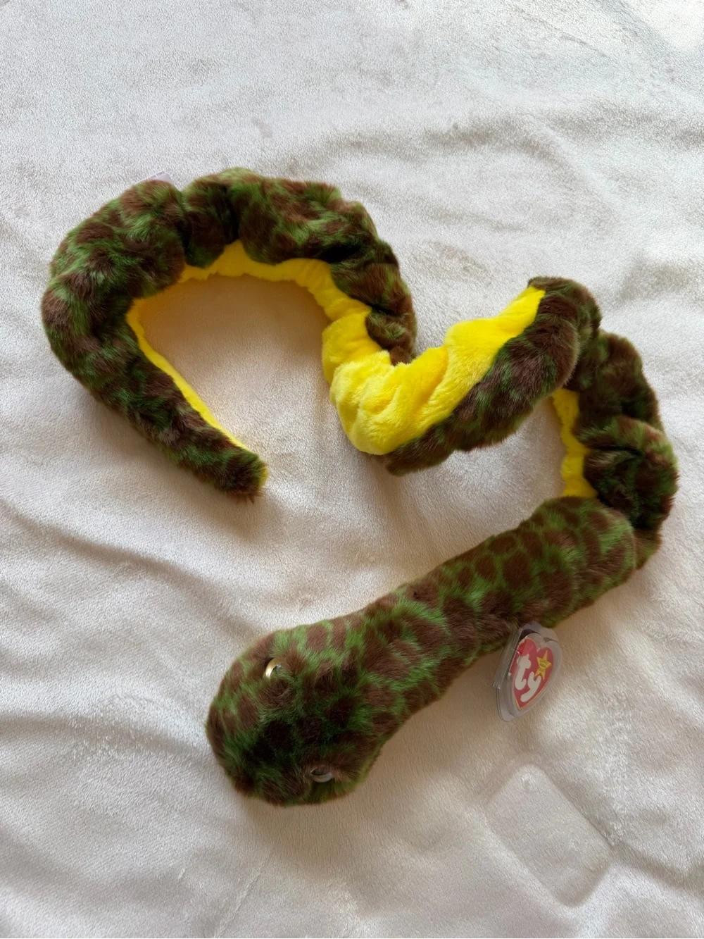 Ty Beanie Baby Plush Snake - Green & Brown Faux Fur-Slither